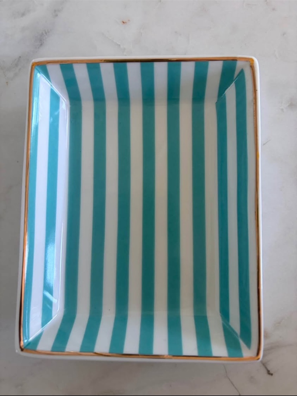 J Crew Vintage Turquoise White & Gold Searsucker Trinket Dish
